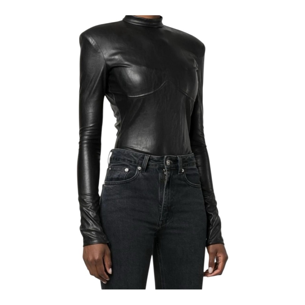 Just Cavalli Black Leather Long-Sleeve Bodysuit